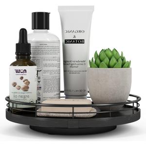 9" Oak Bathroom Vanity Tray Turntable for Perfume Candle, Round Wooden Decorative Tray for Kitchen Sink Countertop Organizer, Bathroom Counter Organizer for Skincare Makeup, Farmhouse Black Gold