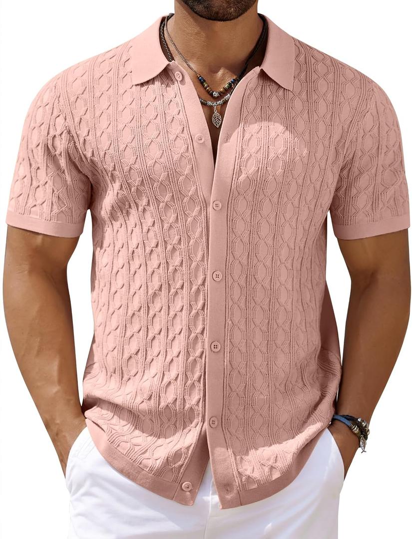 COOFANDY Men's Knit Short Sleeve Shirts Button Down Summer Polo Shirt (Pink, L)