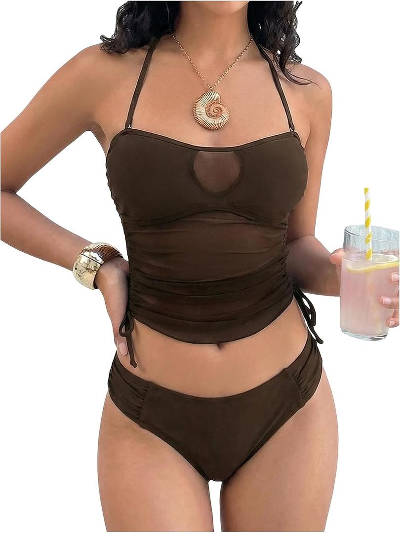 SHENHE Women's Halter Tankini Swimsuit Ruched Drawstring Mesh Bandeau Bathing Suits (Brown, L)