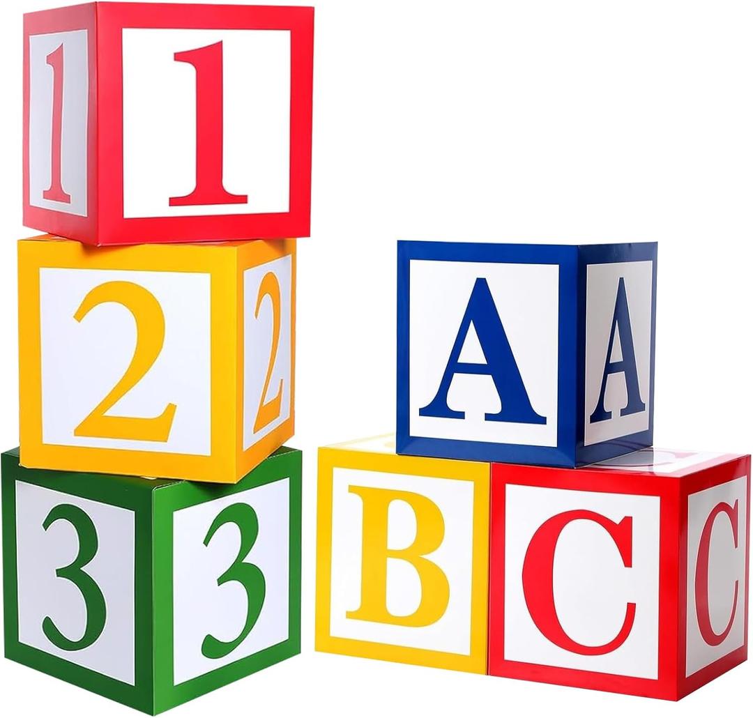 LLOERE 6 Pcs Friend Street Party Decoration, ABC and 123 Alphabet Graduation Back to School Decoration, Toy Block Boxes Favor Balloon Boxes Inspire Story Birthday Party Decor for School Baby Shower