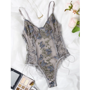 Butterfly Embroidered Mesh Teddy Bodysuit Lingerie, Small