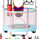 55" Toddler Mini Trampoline for Kids, Indoor Outdoor Toys with Swing, 440lbs Baby Kids Trampoline, Gymnastics Bar, Birthday Gifts for Boy Girl Age 1-8 (Pink-Blue)