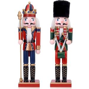 2 Pack Christmas Nutcracker King and Soldier Figures, 12 Inch Wooden Nutcracker Christmas Festival Decor for Shelves and Tables