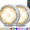 LED Puck Lights with Remote Control, Battery Operated Wireless Closet Light, Under Cabinet Lights Stick on Tap Light, Color Changing Under Counter Light for Kitchen, 2 Pack - White