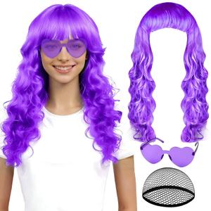 PLULON Light Purple Neon Wave Wig with Heart Sunglasses for Women, Colorful Funny Long Wavy Wigs with Bangs Synthetic Curly Hair for Birthday Music Festival Drag Queen Bachelorette Party Supplies