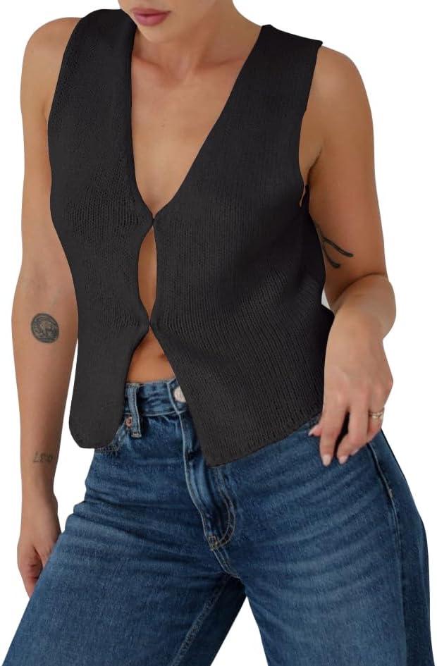 BZB Sweater Vest Women 2025 Summer Basic Tank Tops Crochet Knit Vests Sexy Sweater Sleeveless Vest Top (Large, Black)