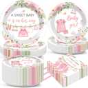 Justforjoyful 200Pcs Floral Baby Girl Shower Plates and Napkins Decoration Pink Girl Party Tableware Dinnerware Set Spring Rose Gold Paper Plates for Baby Gender Reveal Party Supplies Serves 50