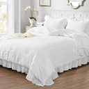 JOLLYVOGUE Queen Comforter Set, 3 Pieces White Seersucker Comforters Queen Size, Lightweight & Fluffy Bedding Sets Queen for All Season with 1 Ruffle Comforter and 2 Ruffle Pillowshams