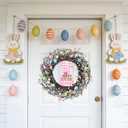 Easter Egg Wreath for Front Door, 20 inch Farmhouse Easter Wreath with Colorful Pastel Eggs, Wooden Rabbit, Spring Wreath for Easter Wall Decor Holiday Decoration