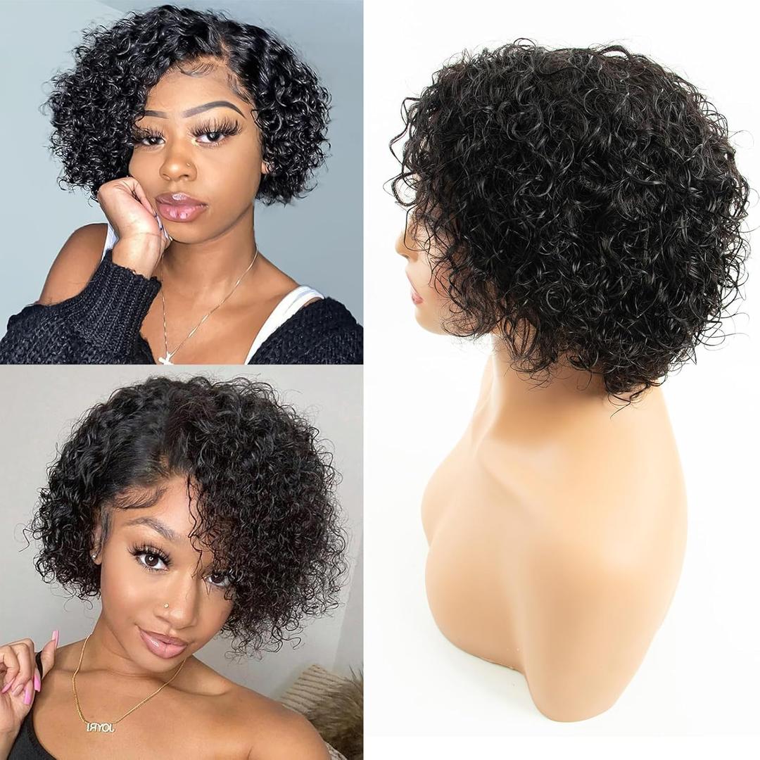 Pixie Cut Human Hair Wigs For Black Women 8 Inch Short Curly Brazilian Real 100% Human Hair Wigs, Pre Plucked Pre Cut Natural Color, Lightweight Real Hair Pixie Wig