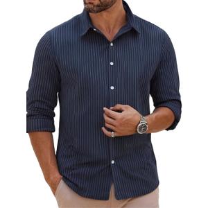 BAYAMO Men's Button-Down Striped Shirts Casual Long Sleeve Cotton Linen Collared Shirts Fashion Business Dress Shirt Navy XL 