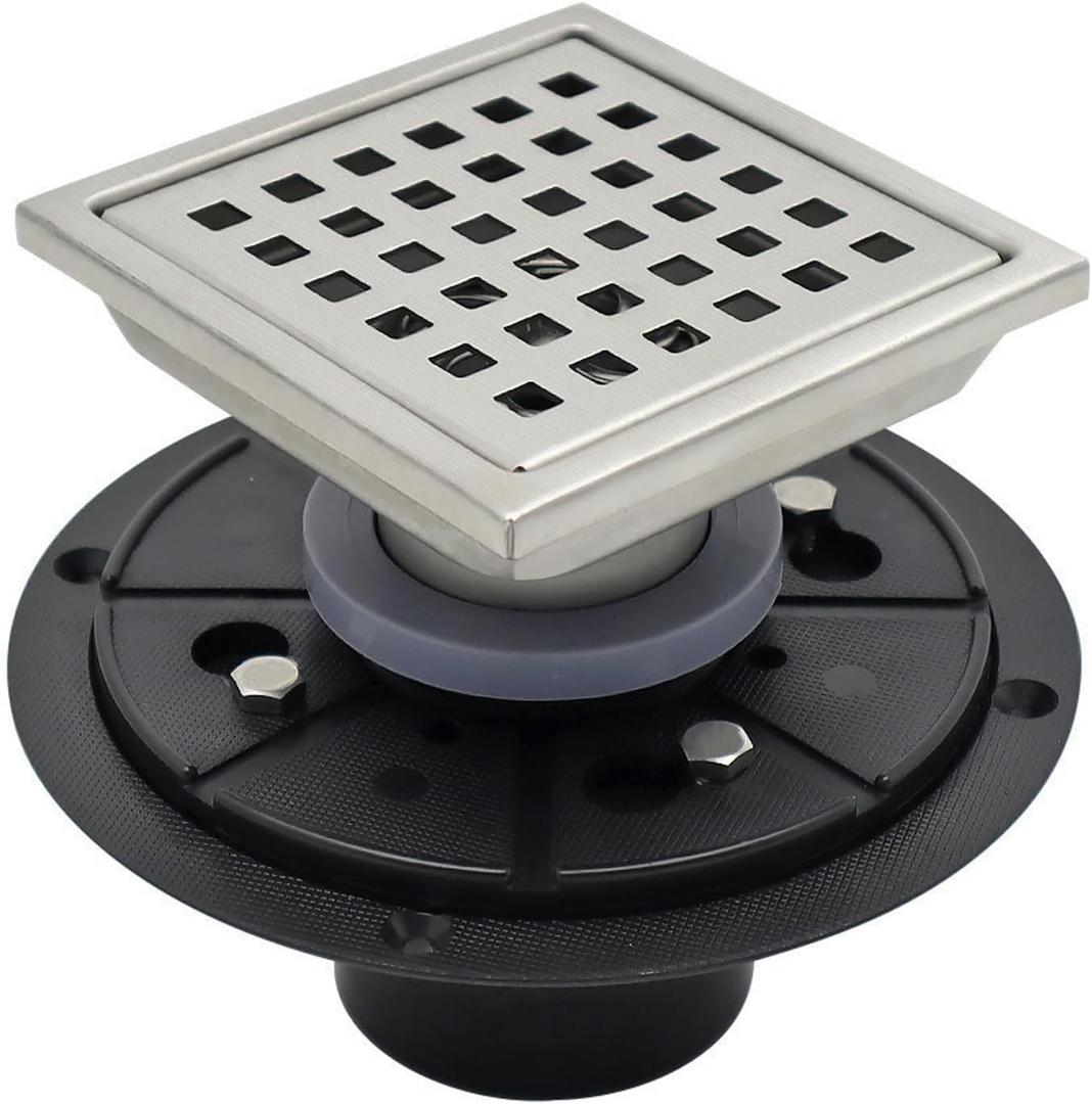 4 Inch Square Shower Floor Drain with Flange, Quadrato Pattern Grate Removable, Food-Grade SUS 304 Stainless Steel, Brushed Nickel