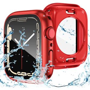 Goton 2 in 1 Waterproof Case for Apple Watch Series 9 8 7 Screen Protector 41mm, 360 Protective Glass Face Cover Hard PC Bumper + Back Frame for iWatch Accessories 41 mm (Red)