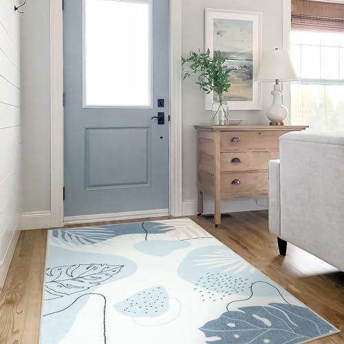 Seavish 3'x5' Small Blue Living Room Rug, Soft Kids Boho Nursery Rugs, Modern Abstract Distressed Leaf Faux Wool Carpet Rug for Playroom Bedroom Entry Office Dining Room Entryway