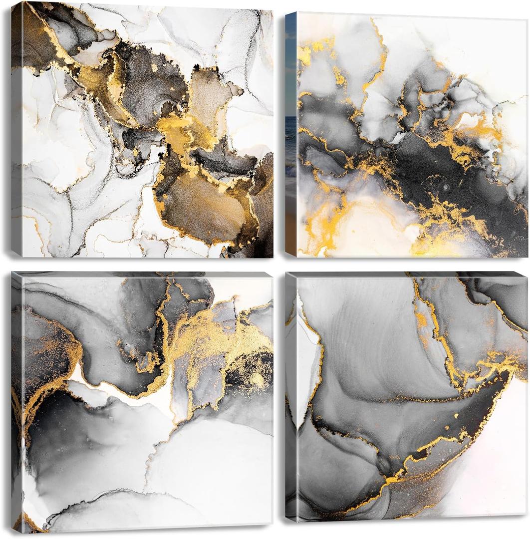 Black and Gold Abstract Wall Art Marble Artwork for Walls Ink Texture Painting Canvas Prints Living Room Bathroom Decor Watercolor Fluid Lines Pictures Framed Bedroom Office Home Decorations 12x12 4P