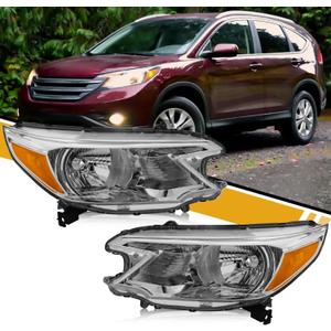 Headlight Assembly Compatible with Honda CR-V 2012 2013 2014 Halogen Type, Pair Set of OE-Style CRV Headlamp Replacements for 33100T0AA01 33150T0AA01, W/O Bulbs, Chrome Housing Amber Reflector