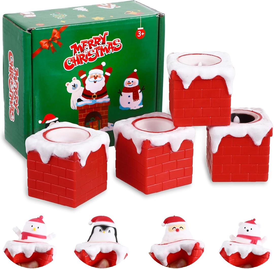Christmas Squishy Toys Party Favors - 4 Pack Pop Up Chimney Stress Relief Toys Christmas Stocking Stuffers Goodie Bags Treats Fillers Xmas Decorations Classroom Prizes Gift Toys Boys Girls Adults