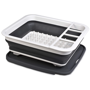 Masirs Pop-Up Collapsible Dish Drying Rack: Convenient Storage, Drains into Sink, Eight Large Plate Capacity, Sectional Cutlery and Utensil Compartment. Compact and Portable Design.