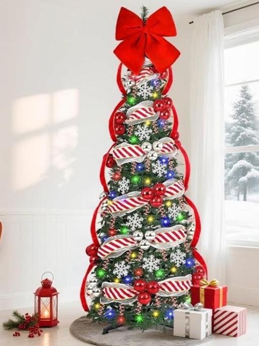 Uspring 6 FT Pop Up Christmas Tree with Lights, Artificial Collapsible Red Christmas Trees with Remote Control & Colorful LED Light, Pre Decorated Surround Ribbon, Ball Ornaments, Holiday Party Decor