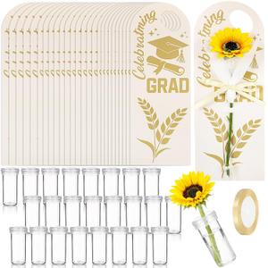 Eaasty 24 Set Graduation Day Themed Single Sunflower Card Sleeve Grad Gift Packaging Flower Holder with Floral Water Tubes Ribbon Floral Tissue Paper for Flower Packing