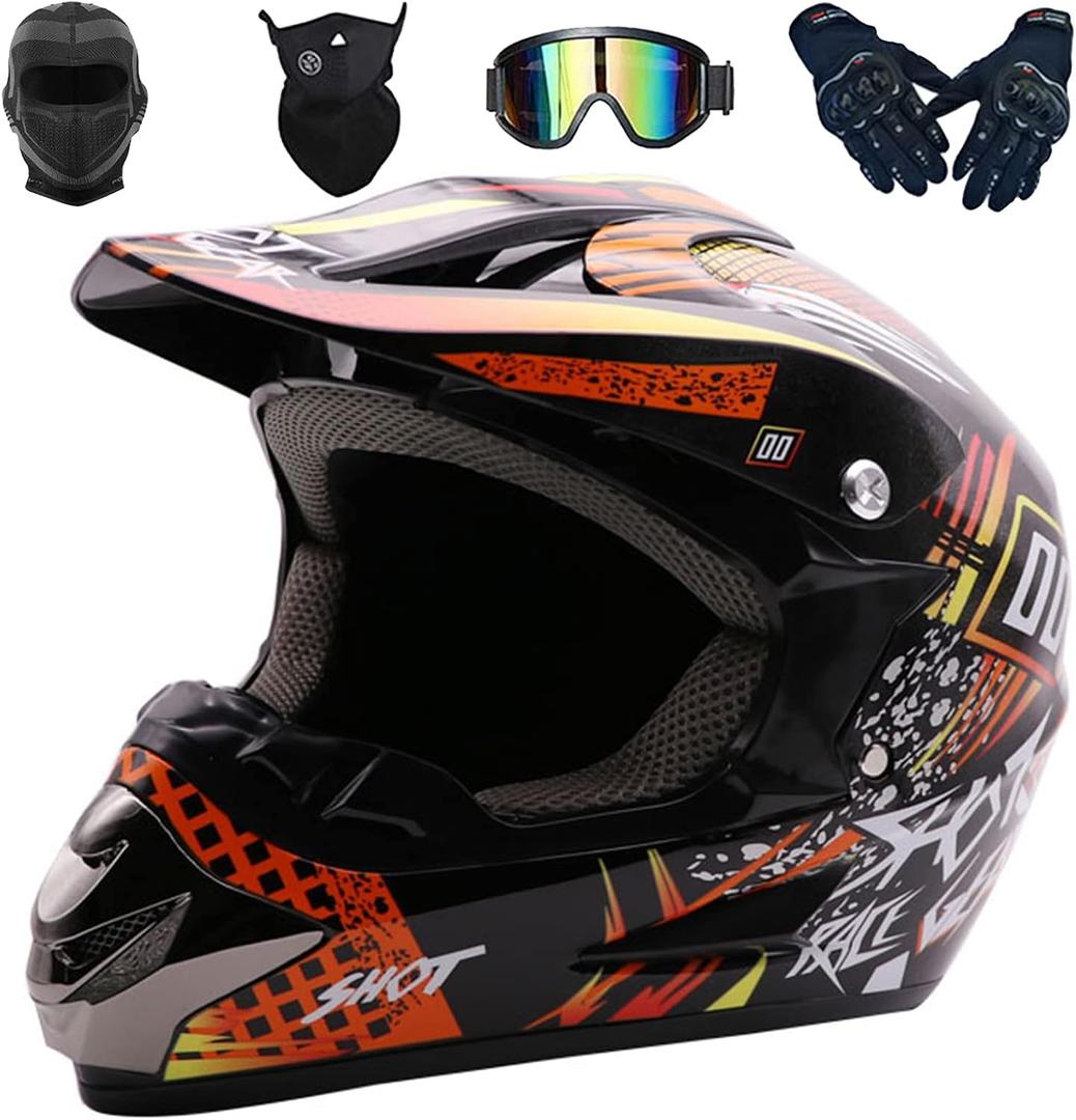 Motocross Helmet Adult Quad Bike Off-Road Helmet, ECE/DOT Approved Full Face MTB Helmet Motorcycle Downhill ATV MX Dirt Trial Bike Enduro Crash Helmet with Goggles/Gloves/Mask/Balaclava, Large