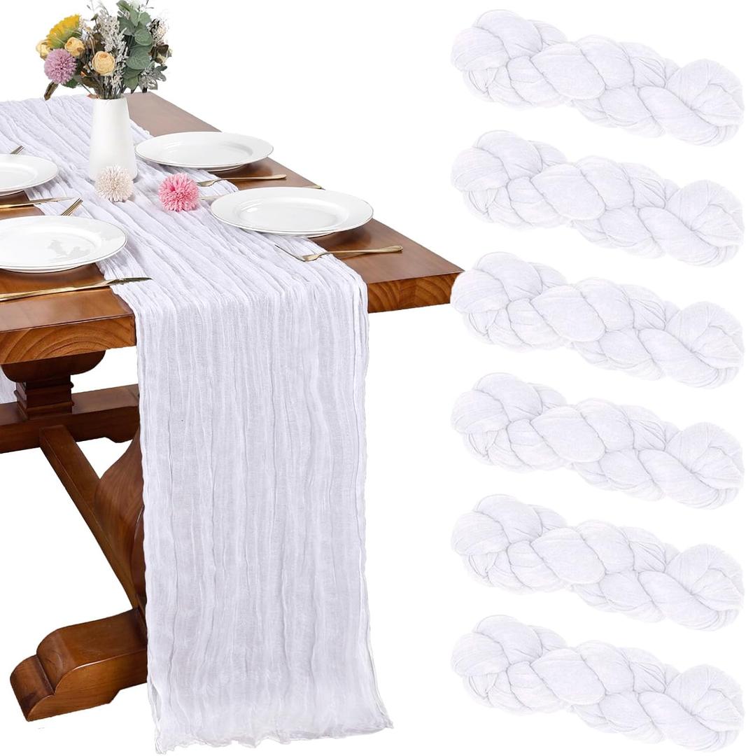6 Pack White Cheesecloth Table Runner 10FT Boho Gauze Cheese Cloth Fabric Table Runner 35 x 120 Inch Rustic Sheer for Holiday Wedding Decor Baby Shower Party Decoration