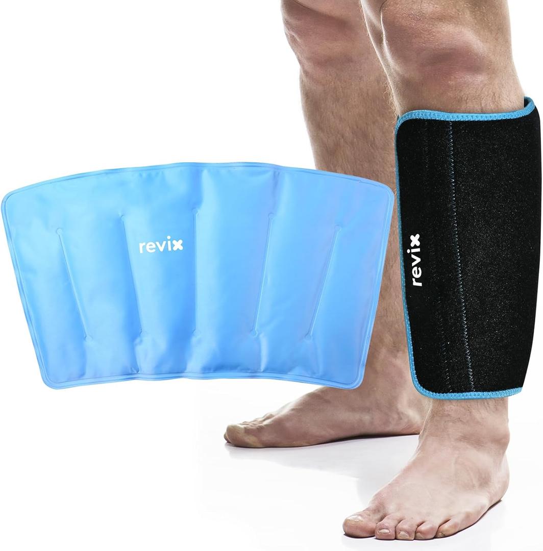 REVIX XL Shin Ice Pack Reusable Gel Cold Pack for Calf and Elbow Discomfort Relief, Leg Cold Therapy Compression Sleeve Refreezable, 360 Full Coverage (Black-XL Size-1 Pack)