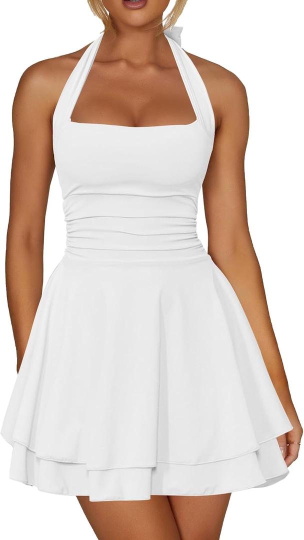 Kaximil Women's Sexy Halter Ruffle Hem Mini Dress Ruched Waist Corset Short Party Dresses (White)