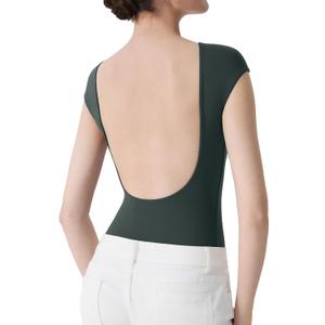 SUUKSESS Women Backless Y2k Short Sleeve Bodysuit Double Lined Open Back Sexy Basic Top, XL