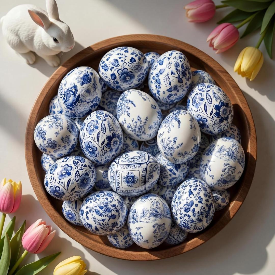 Simgoing 24 Pcs Easter Eggs Chinoiserie Blue and White Hanging Ornaments for Tree Fabric Wrapped Decorative Decoration for Easter Tree Spring Party DIY Tabletop Basket Filler Tiered Tray Decor