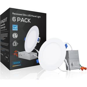TORCHSTAR 6 Inch Slim LED Recessed Lighting with Junction Box, CRI90 Aluminum Dimmable 12W Ultra-Thin Recessed Light, 5000K Daylight, 1100LM Basic Series LED Downlight, ETL & ES & FCC, Pack of 6