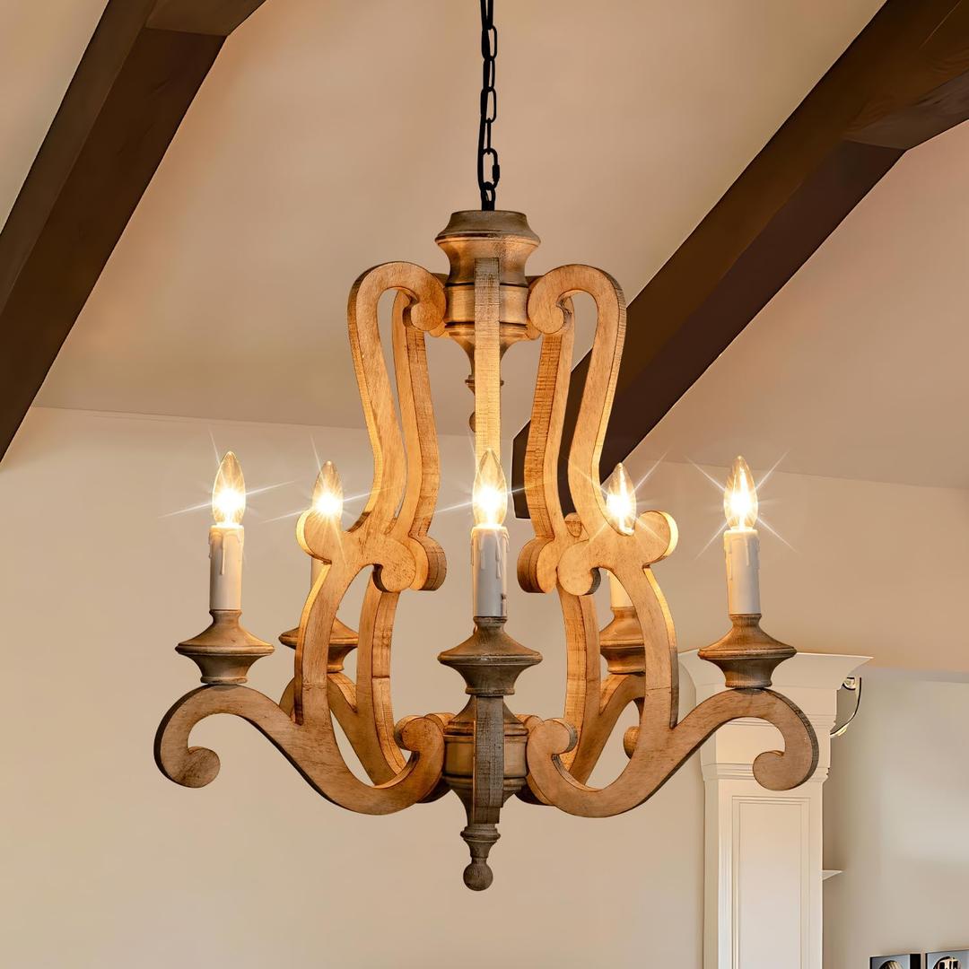 Farmhouse Wood Chandelier, 5-Light Vintage French Candle Wooden Chandelier for Dining Room Living Room Foyer Bedroom Entryway, 23.62 x 23.62 x 82.67 inches