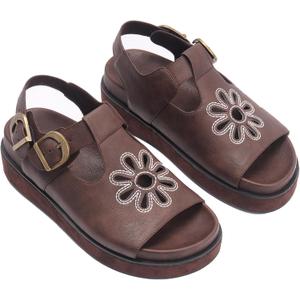 Brown Flower Platform Sandals for Women with Adjustable Buckle Back Strap Comfort Summer Open Toe Slip on Slingback T-Strap Beach Sandals. (8.5)