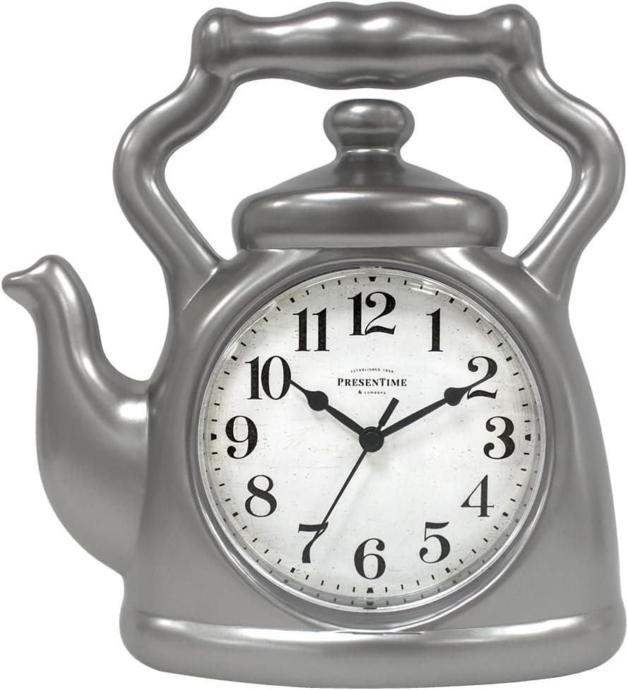 Presentime & Co. 11" Teapot Clock, Silent Non Ticking, Modern Farmhouse Style, Wall & Mantel 2 in 1 Clock, Desk & Shelf, Steel Silver Finish (Wall Deocration/Home Decoration/Tabletop Dcor)