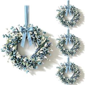 4 Pcs Small Blue Daisy Flower Hanging Wreaths for Cabinets with White Floral Eucalyptus Leaves Lavender Artificial Grains Mini Candle Rings Wreath for Home Front Door Farmhouse Coastal Blue Porch