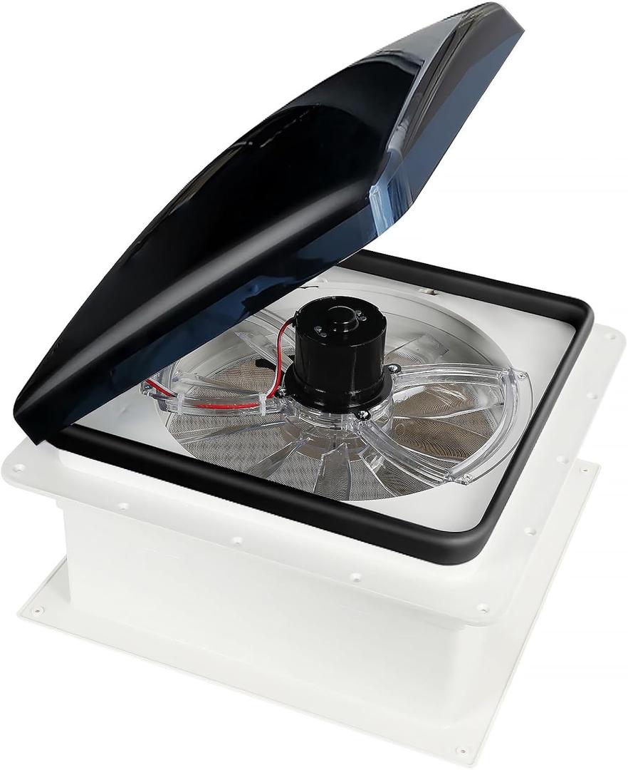 Manual RV Roof Vent Fan With S-MOK Al_arm and Ca-Bon Dete_ctor, 12V 14" Super Quiet RV Roof Fan, 3-Speed, Reversible