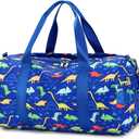 CAMTOP Kids Duffel Overnight Bag Boys Girls Toddler Weekender Carry-On Personalized Tote for Travel Gym Sport (Dinosaur-Dark Blue)