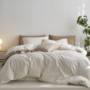 MooMee Striped Duvet Cover Set 100% Washed Cotton Linen Like Textured Breathable Durable Soft Comfy (White Tannish Linen Grey Wide Stripes, Queen 90"x90")