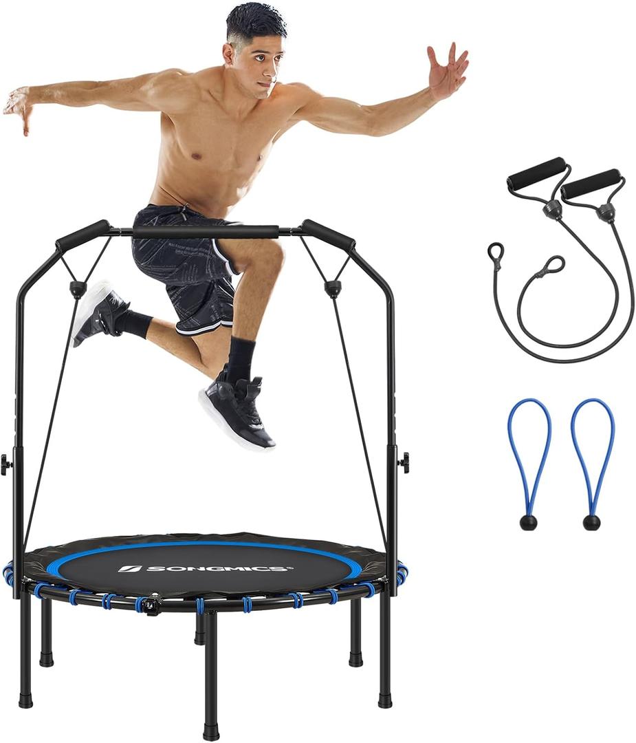 SONGMICS 40 Inches Mini Fitness Trampoline, Fitness Rebounder with Adjustable Handrail, Foldable Trampoline for At-Home Workout, Max. Load 264.6 lb (40Dia. x 11.8H (102 x 30 cm), Blue + Black)