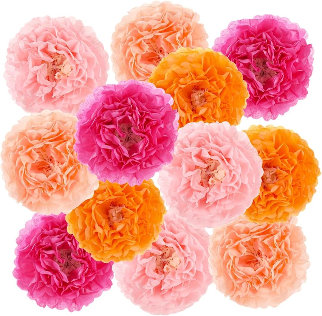 12 Pcs Tissue Paper Flowers, Large Handmade Artificial Flowers, Giant Floral Decorations, Multi-Layer Floral Orbs, Wedding Party Wall Decors, Reusable Backdrop Supplies