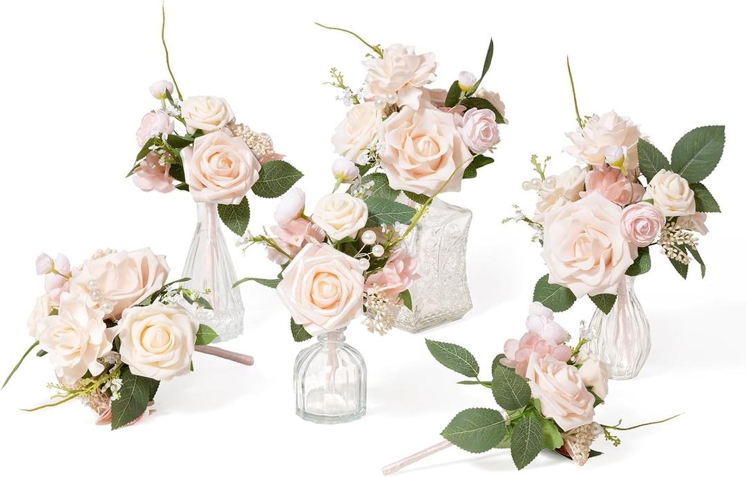 Ling's moment 6 Pack Blush & Cream Wedding Centerpieces Mini Bouquets Table Decor Flower Rose Pre-Made Floral Three Large Bouquets and Three Small Ones