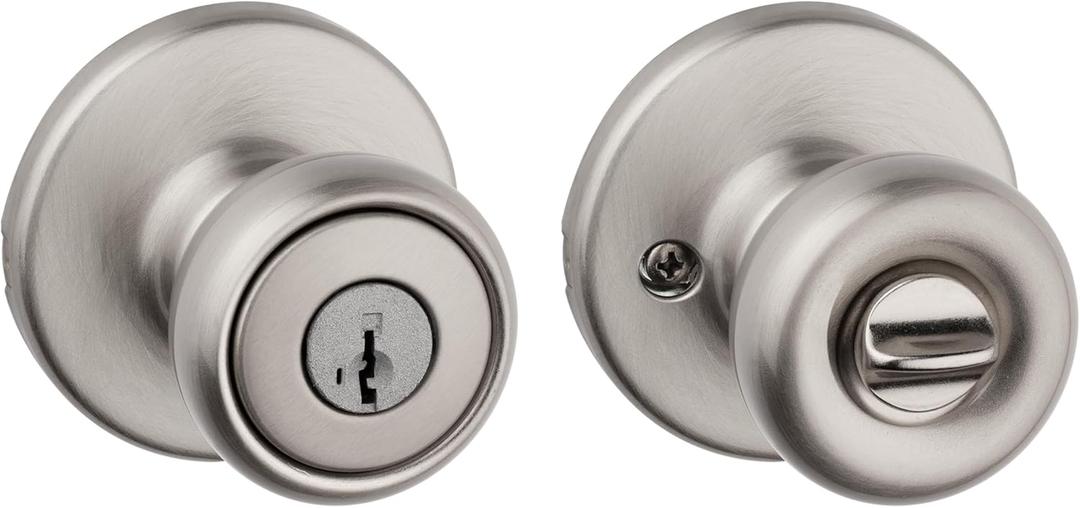 Kwikset Tylo Entry Door Knob with Lock and Key, Secure Keyed Handle Exterior, Front Entrance and Bedroom, Satin Nickel, Pick Resistant SmartKey Rekey Security and Microban (1 Pack)