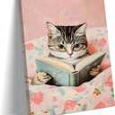 Framed Cats Canvas Wall Art, Funn Tabby Cat Reading Books Picture Wall Decor, Pink Vintage Animal Poster Prints for Girls Room Bedroom Kids Room Living Room Bathroom Decor 12x16 inch