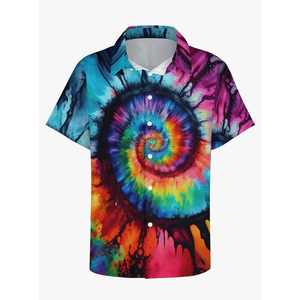 TiwBski Hawaiian Tie Dye Style Shirts for Men Rainbow Print Button Down Shirt Short Sleeve 2XL