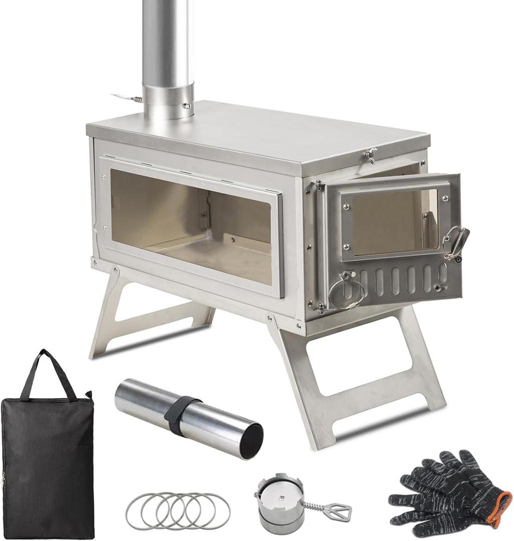 Ultralight Camping Stove Portable Wood Burning Stove for Tent, Camping, Outdoor Cooking, Hunting, Ice Fishing, 16.6 IN Outdoor Wood Stove with 8.2ft Foldable Chimney and Clear Glass