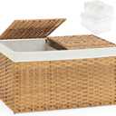 Storage Basket with Lid Rattan Woven Storage Baskets with 2 Separate Lids, 17.2 Gallon (65 L), 22 x 13 x 13.8 Inches,Foldable, 2 Removable Liner Bags Handles for Bedroom, Laundry Room Natural
