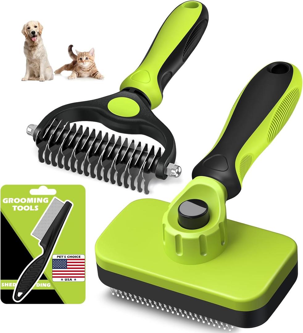 3PCS Self Cleaning Slicker Brush & Pet Grooming Rake & Flea Comb for Dogs,Cats and Horses | Double-Sided Dematting Comb & Skin Friendly Deshedding Grooming Tool (Green)