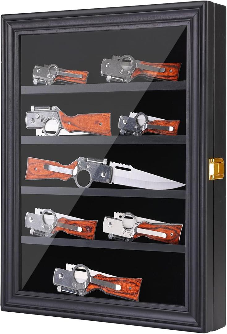 Knife Display Case 5 Rows Pocket Knife Display Cases for Collections Stand Military Folding Knife Shadow Box Wall Cabinet with UV Protection Acrylic Lockable, Black