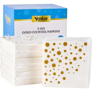 Vplus 200 Pack Cocktail Napkins Paper, 3-Ply Beverage Napkins, Disposable Gold Square Napkins, Perfect for Restaurant, Event, Bar, Wedding, Baby Shower and Birthday Party