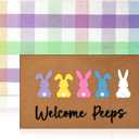 Duraaamo 2 Pcs Easter Coir Doormat Outdoor Rug Bunny Rabbits Welcome Door Mat Layered Buffalo Plaid Colorful Checkered Rug Coir Easter Mat for Outdoor Front Porch Entryway Decor